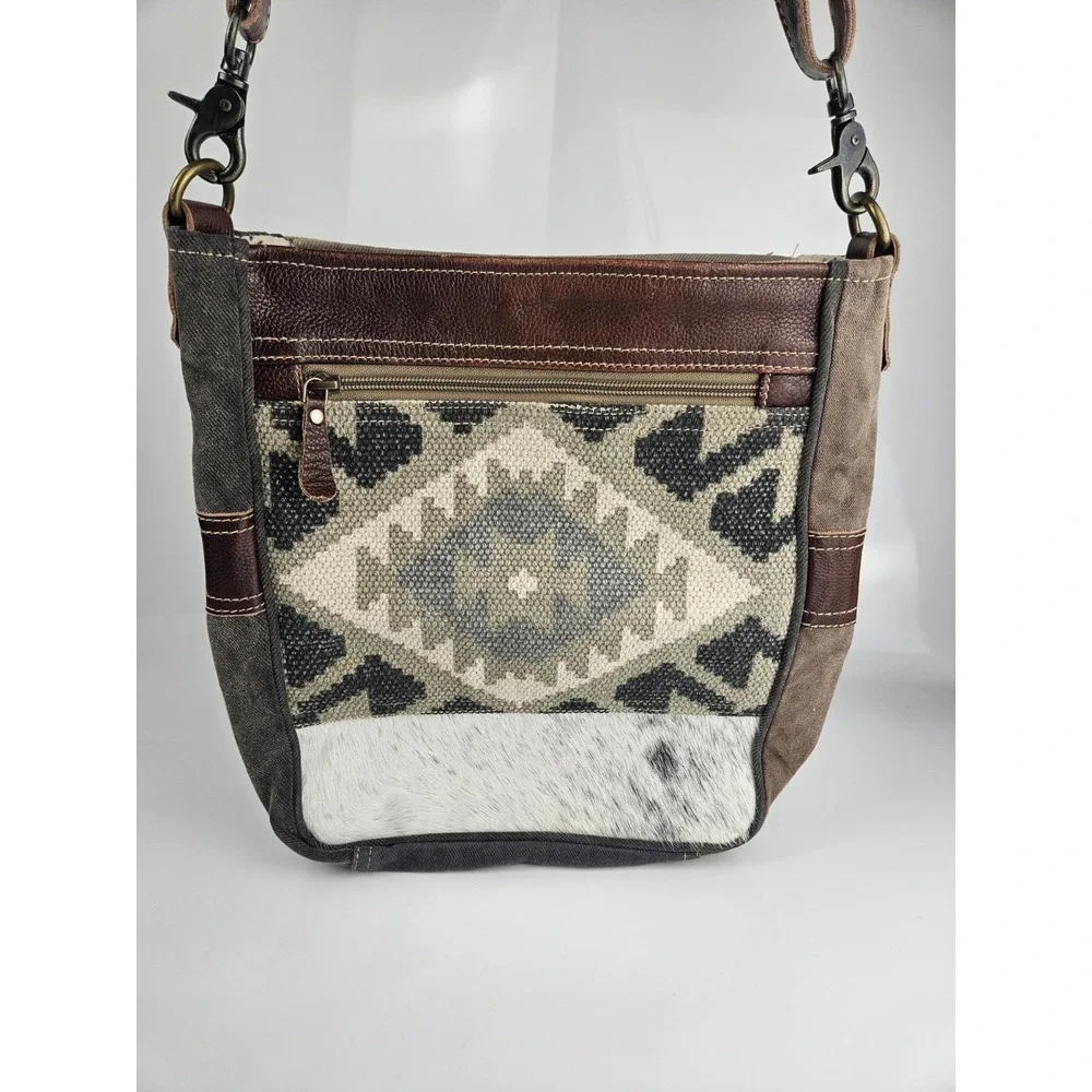 Myra Crossody Bag Southwest Print Woven‎ Leather Cowhide Accent Grey Brown White